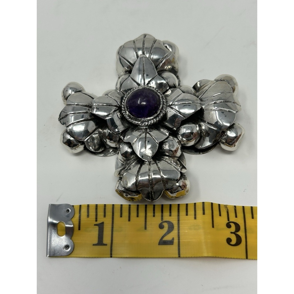 Vintage Mexican 925 Sterling Silver Amethyst Cross Pendant 62g Pre 1948 - Picture 16 of 16